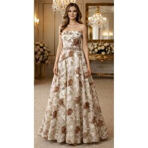 JOVANI Strapless Ball Gown Dress 12 Formal Jacquard Floral Gold Cream Wedding